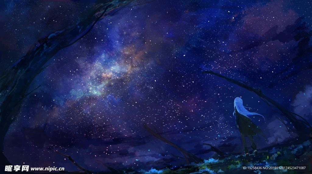 彩色动漫人物星空插画