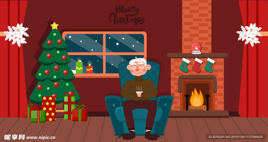 卡通老年人圣诞节圣诞树室内烤火