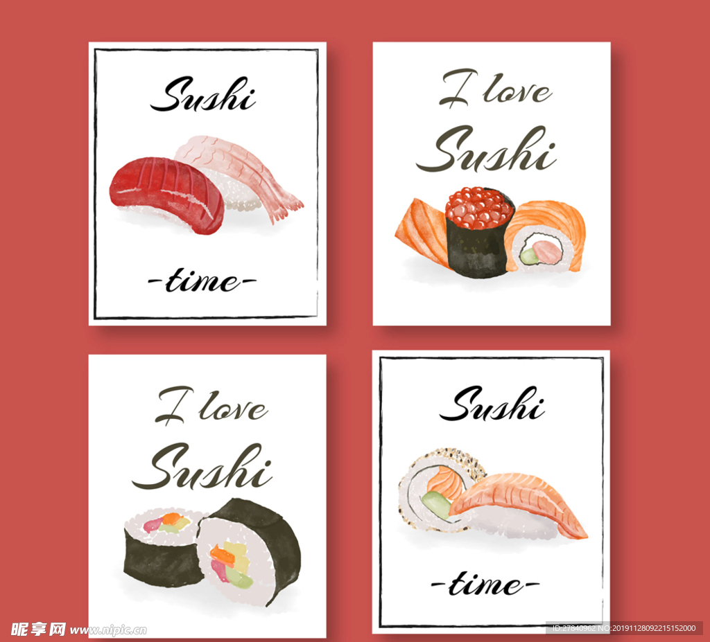 4款彩绘美味寿司卡片矢量素材