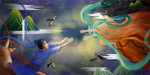 七夕牛郎织女手绘插画背景