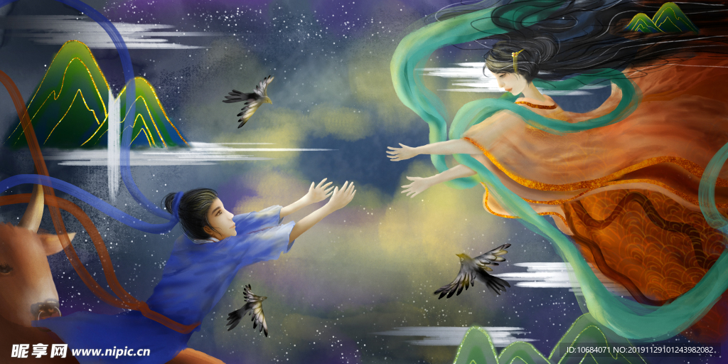 七夕牛郎织女手绘插画背景