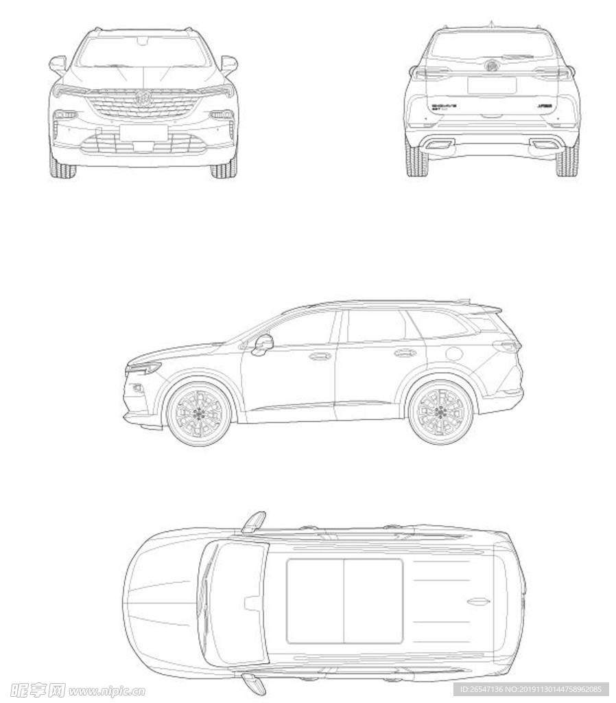 别克 昂科旗 三视图 线稿