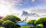 树林雪山风景场景合成