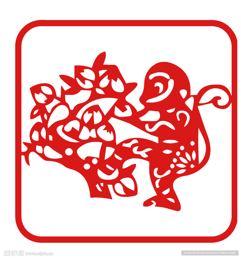 12生肖猴剪纸红色年画素材