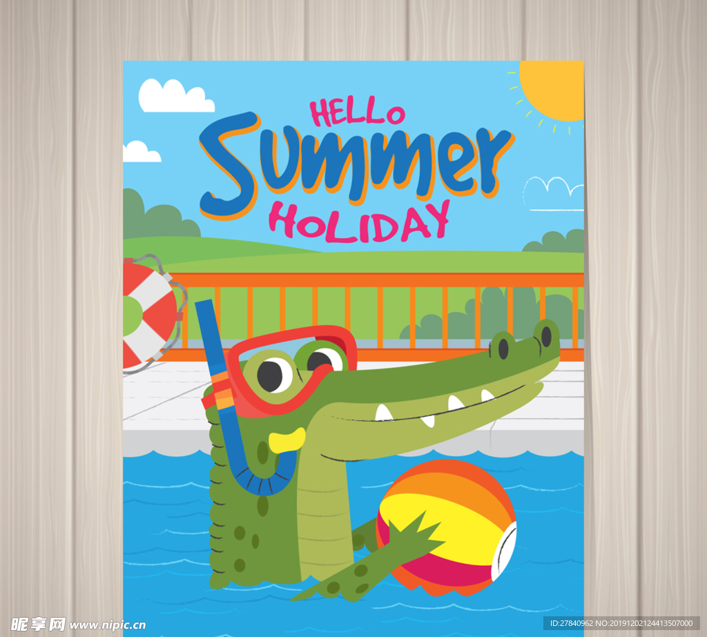 创意玩水的鳄鱼夏季度假传单矢量
