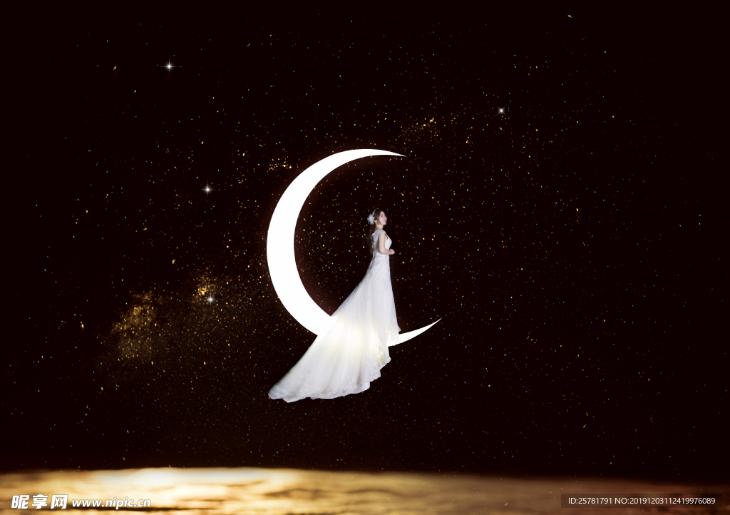 月亮  女孩  唯美  白纱