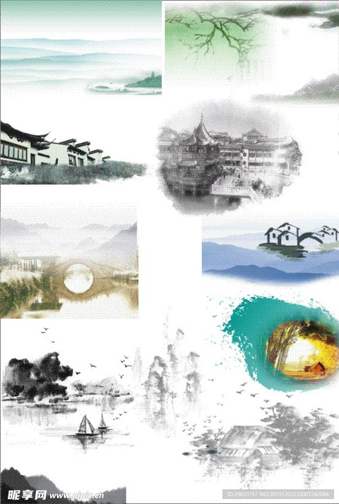 水墨山水小桥船人家