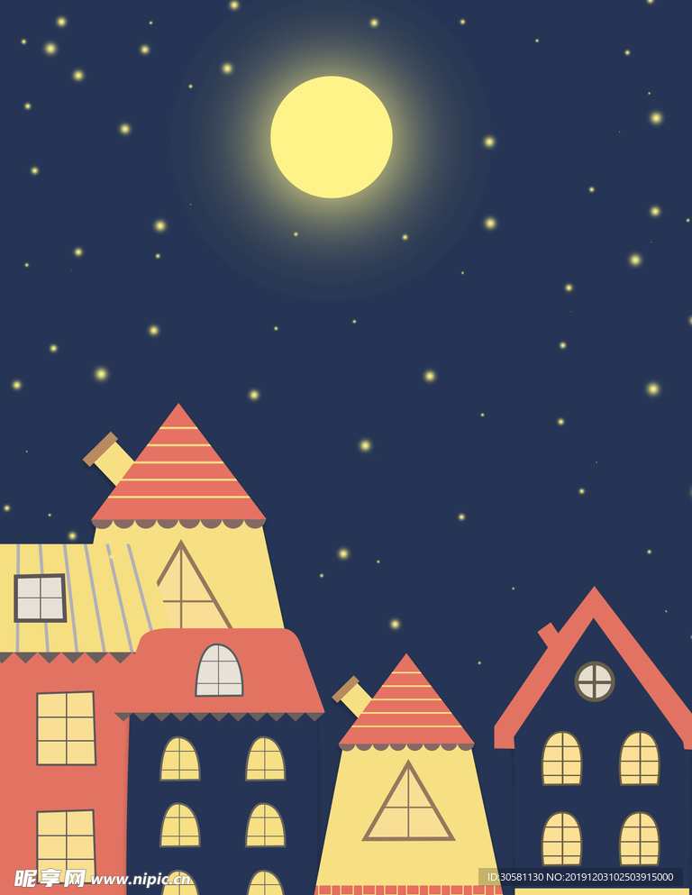 手绘卡通房子夜晚背景