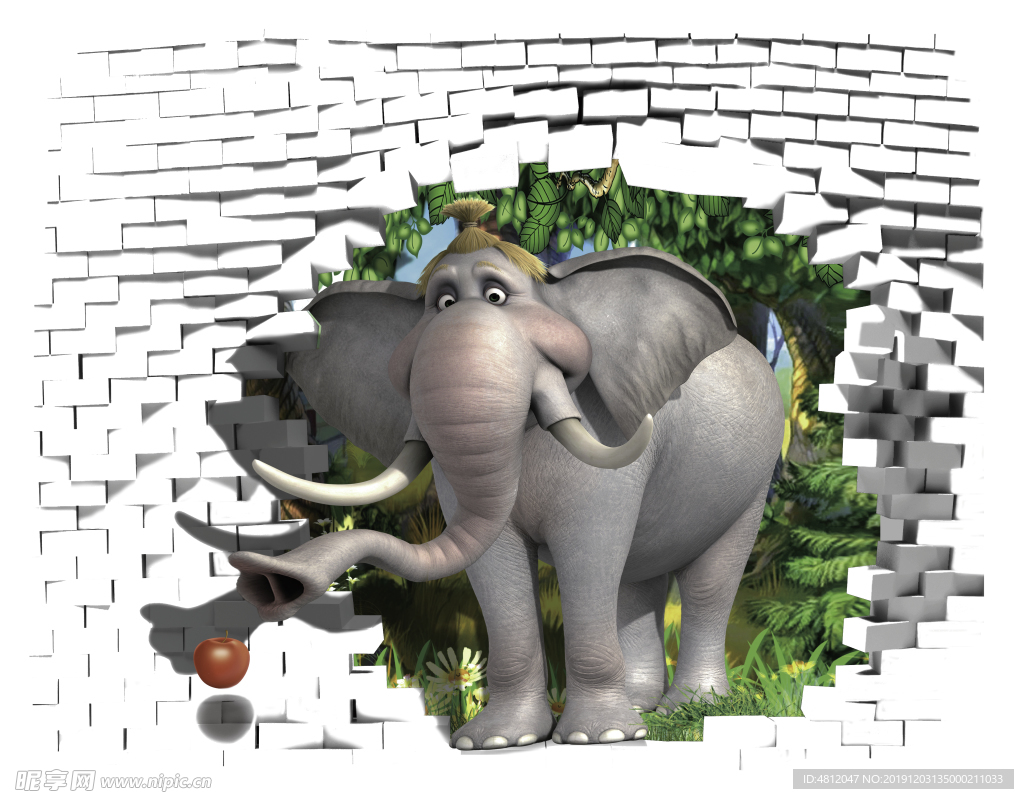 3D立体大象破墙而出背景墙图片