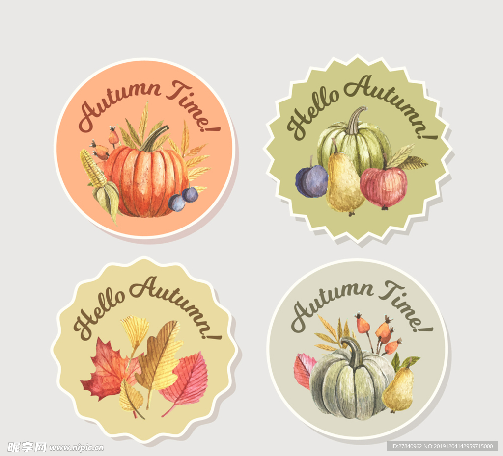 4款彩绘秋季元素标签矢量图