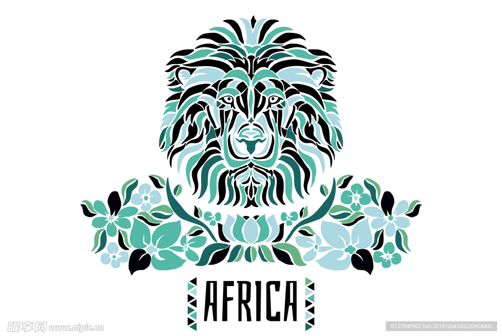 手绘带绿叶非洲狮子部落矢量素材