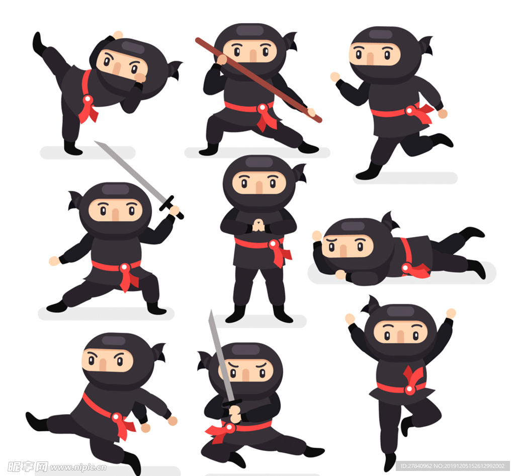 9款卡通黑衣忍者矢量素材