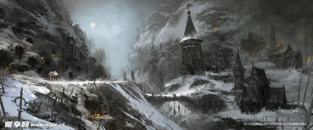 彩色 插画 风景 山谷 建筑