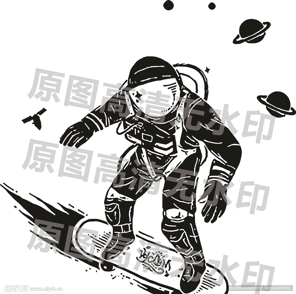 矢量宇航员滑板潮牌班服图案设计