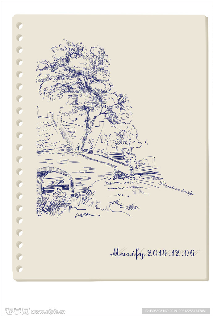 石板桥素描画