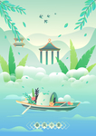 绿色春天清新唯美载花小船原创矢