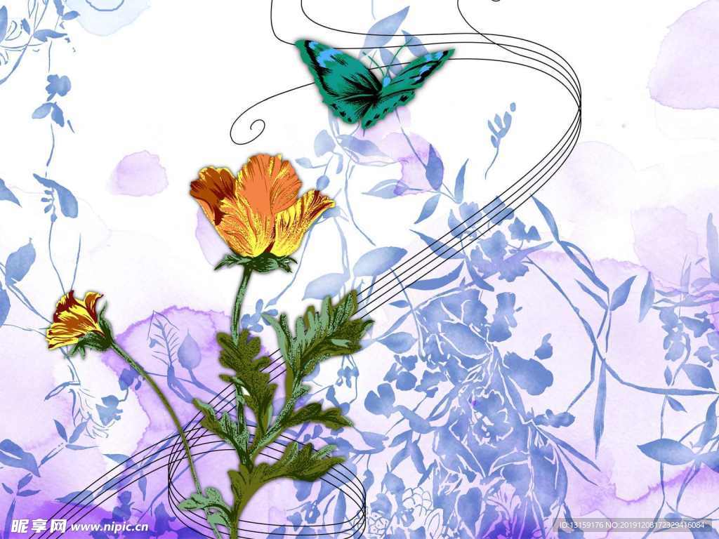 蝴蝶和黄色花朵手绘图片