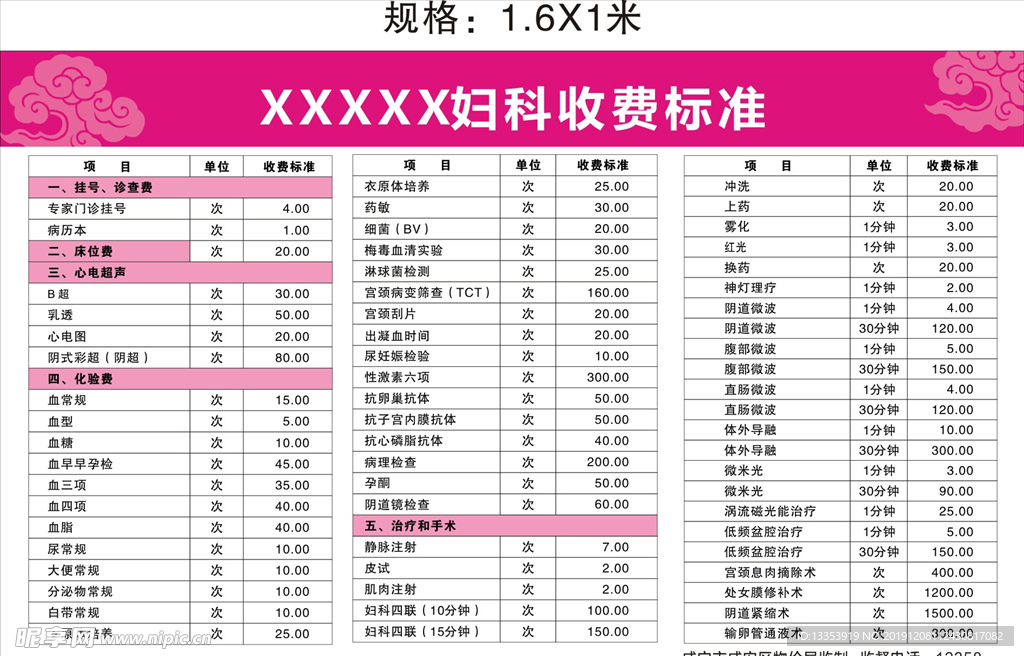 妇科医院收费标准图