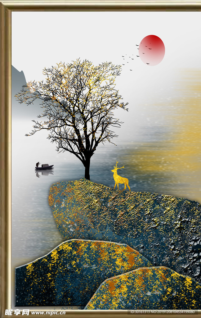 新中式金色山川麋鹿装饰画