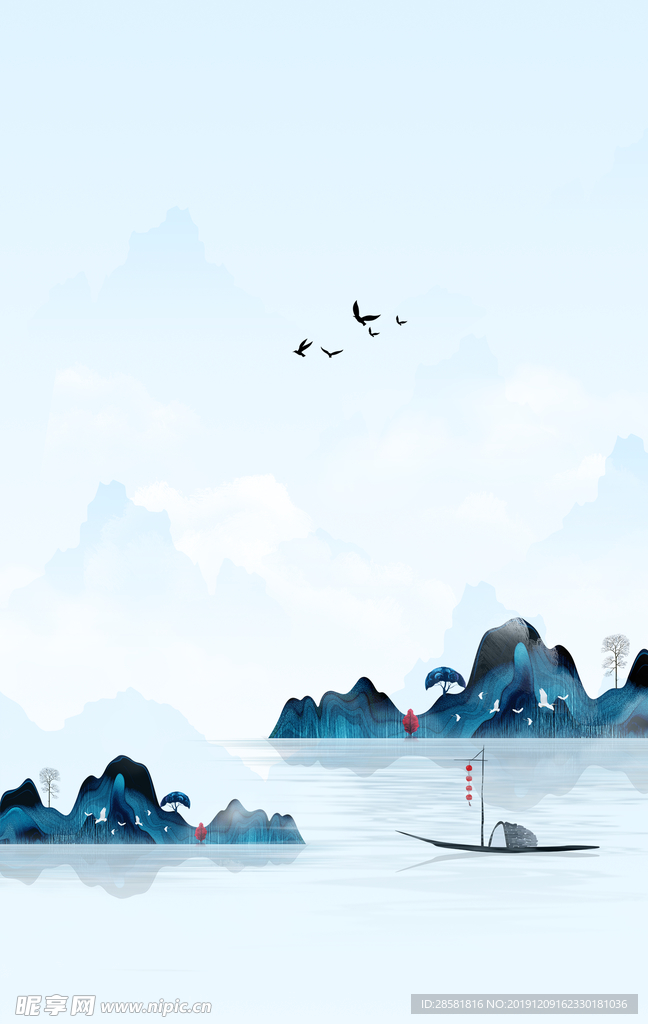 中国风水墨山水鸟船云雾背景