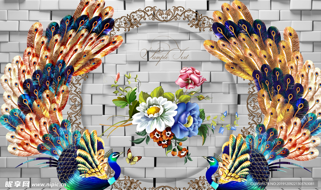 花开富贵欧式花纹彩雕背景墙