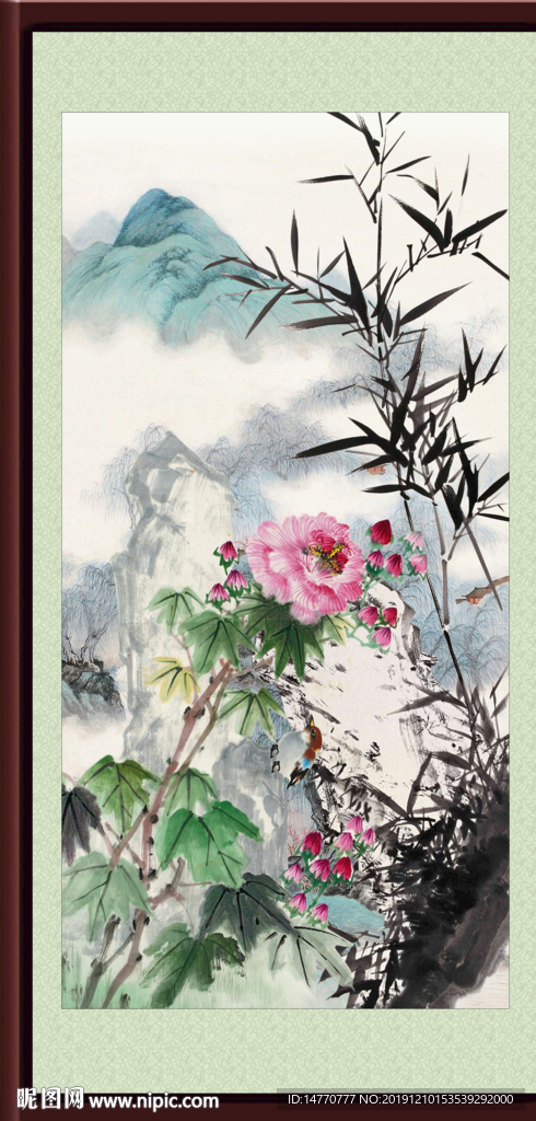 水墨竹子牡丹