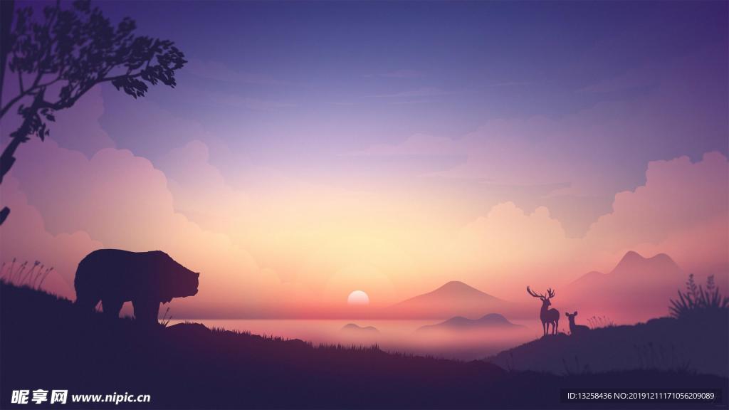 彩色 动物 插画 风景 天空