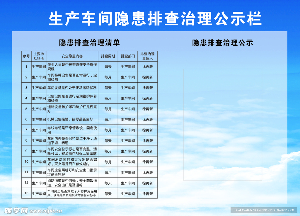 车间隐患排查公示栏