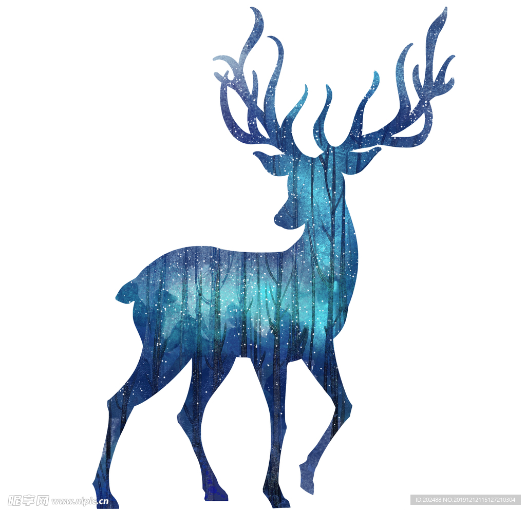 北欧风蓝绿水彩动物麋鹿
