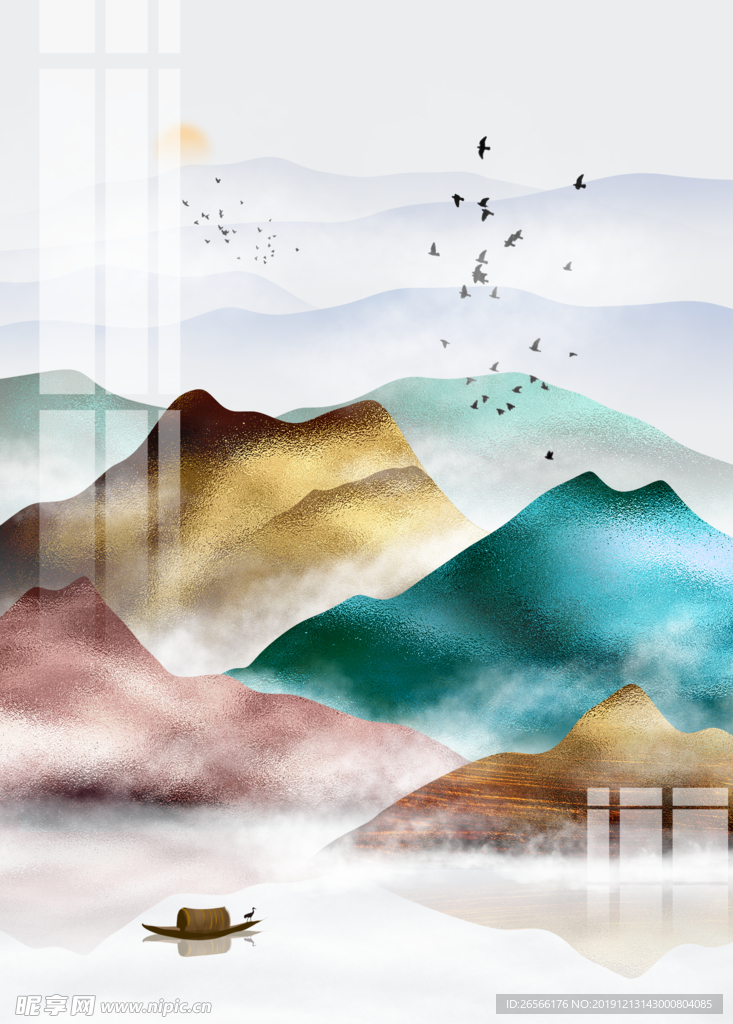 手绘轻奢金箔质感山水装饰画
