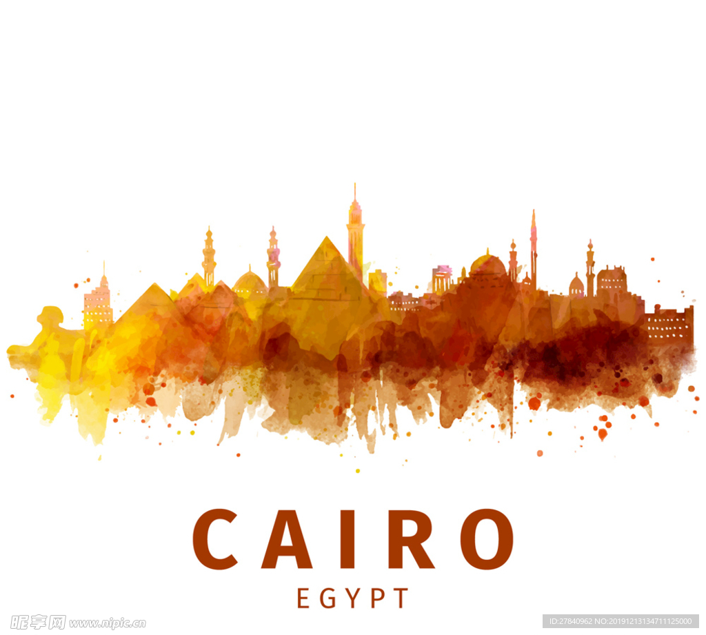 水彩绘抽象埃及开罗风景矢量素材