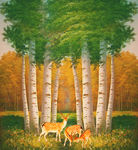 油画柏树下的麋鹿