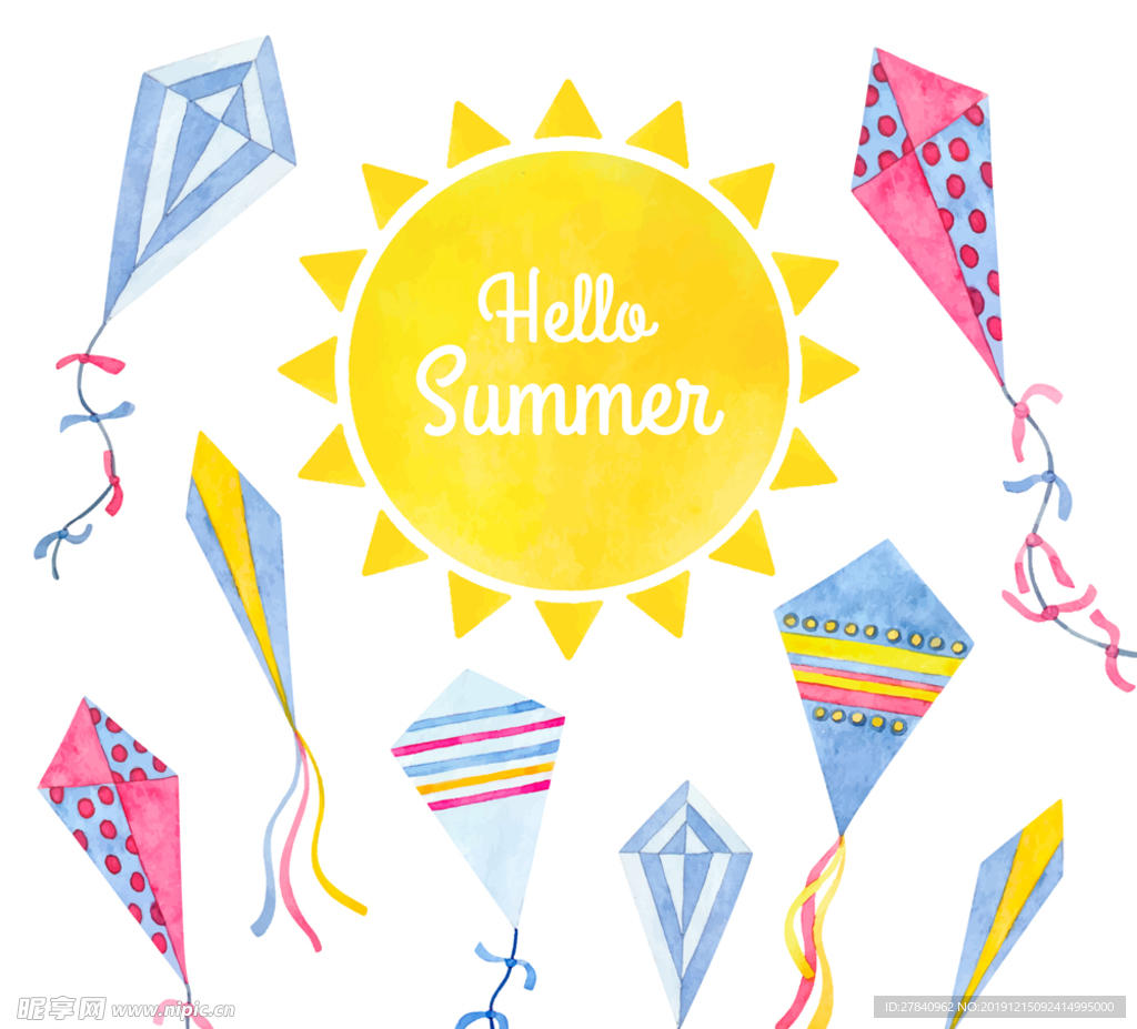 彩绘夏季太阳风筝矢量素材