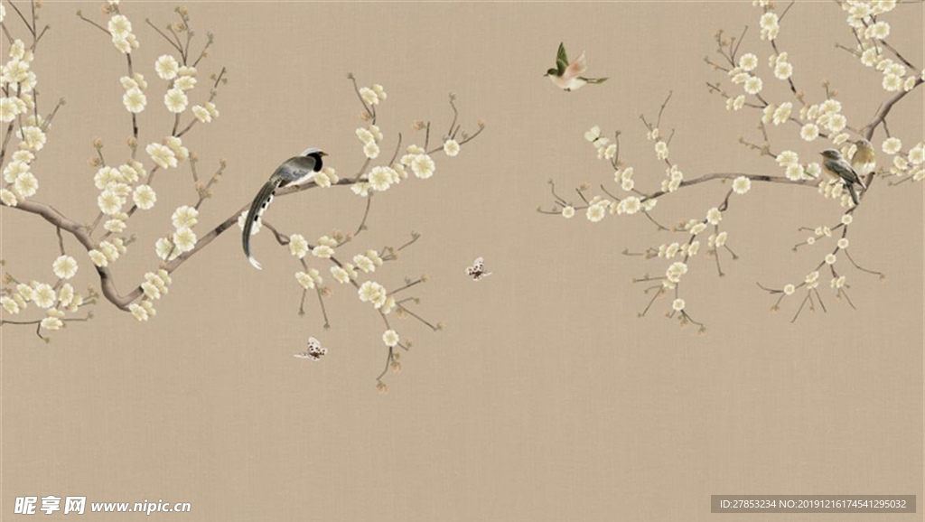 新中式手绘海棠花鸟背景墙
