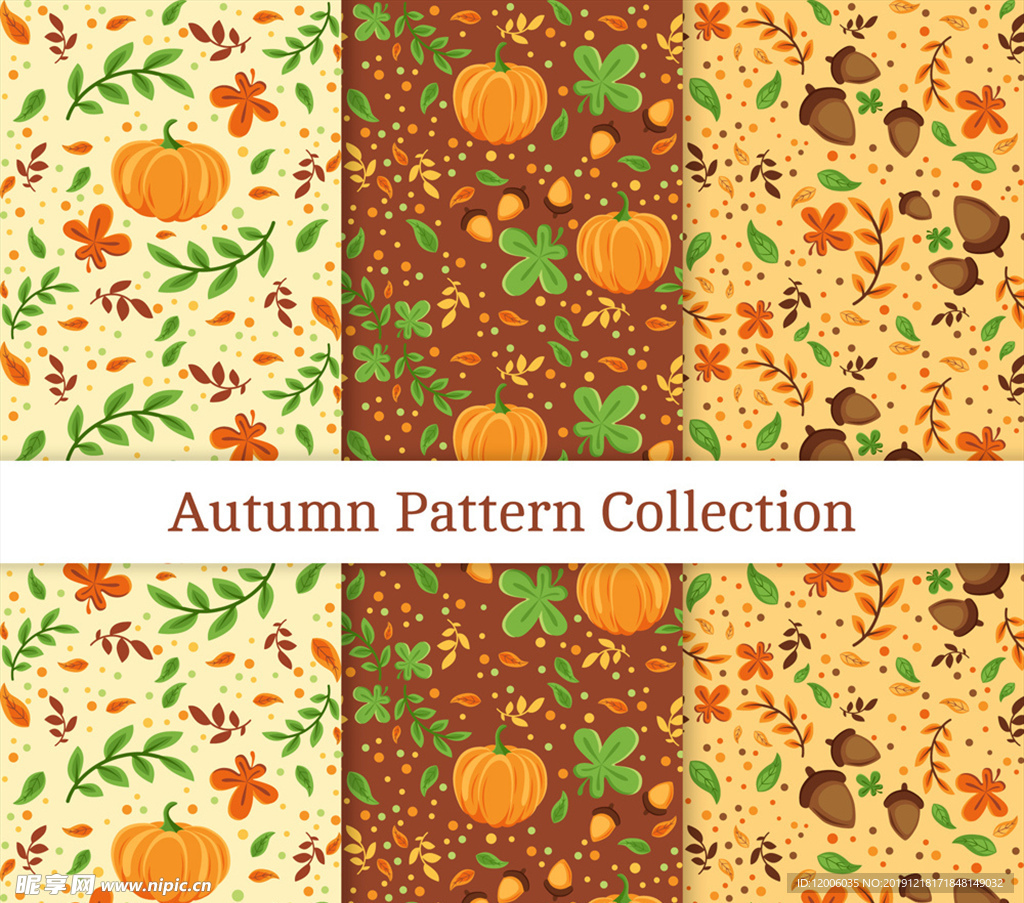 3款彩色秋季南瓜和橡子无缝背景