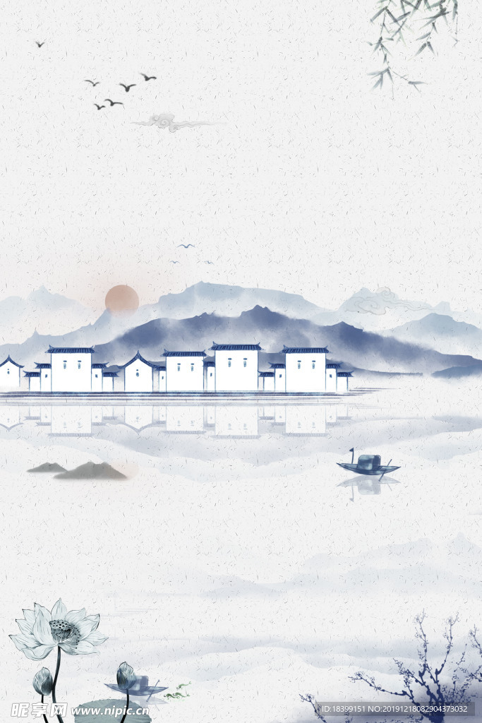 古典水墨山水建筑海报背景图