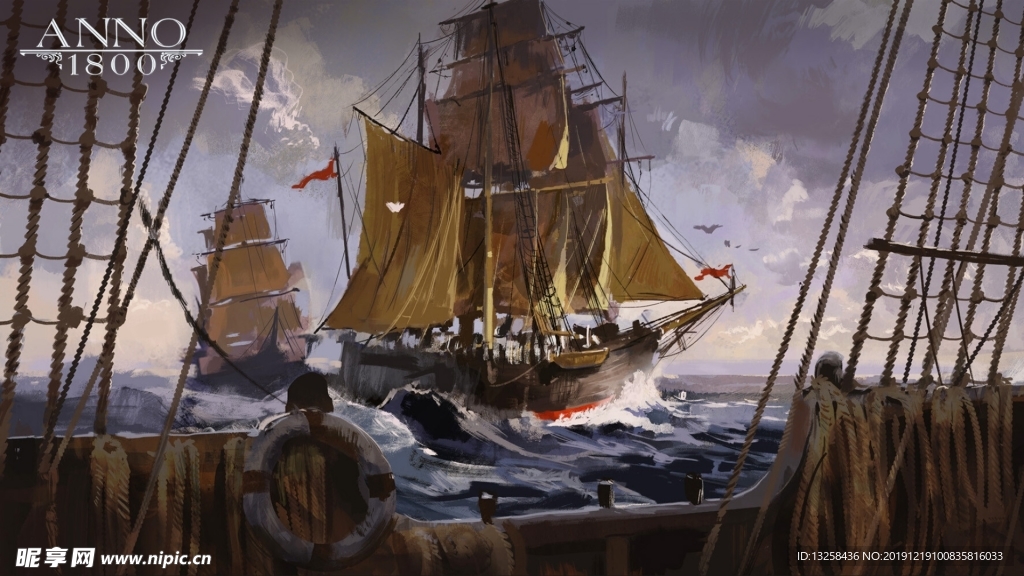 彩色大海插画帆船背景