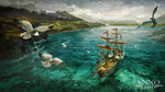 彩色大海帆船插画海鸥风景