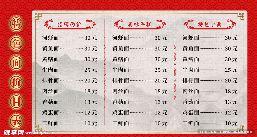 面馆价格表  面馆价目表