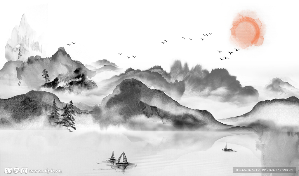 新中式水墨山水风景电视背景墙
