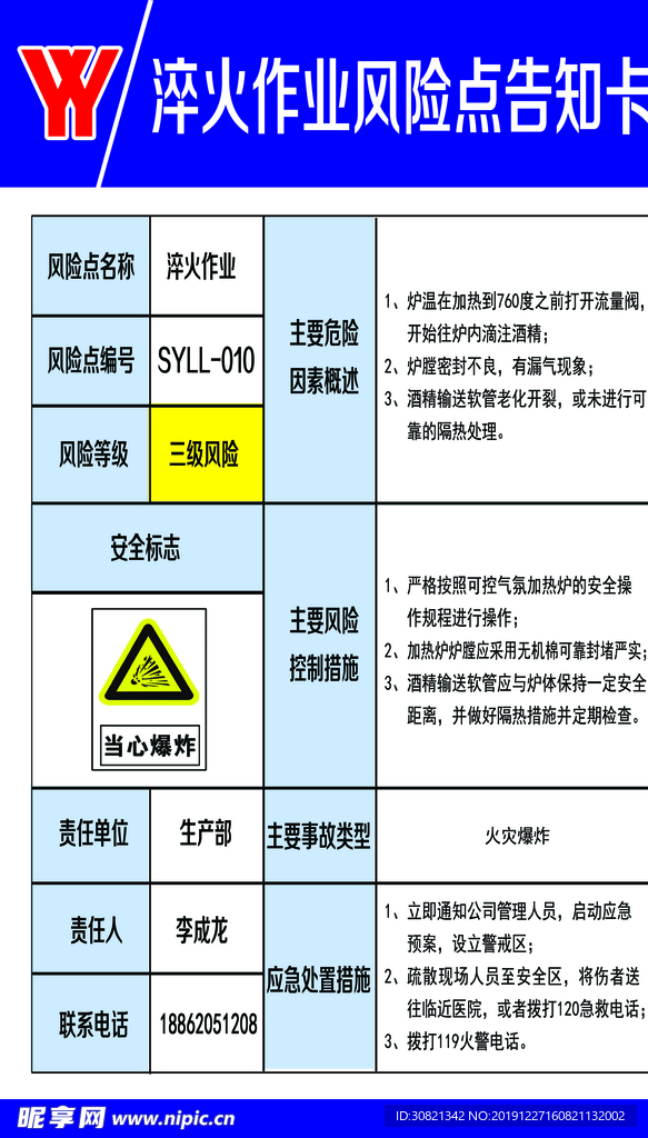 淬火作业风险点告知卡