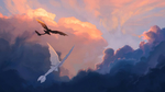 彩色天空云彩风景插画飞龙