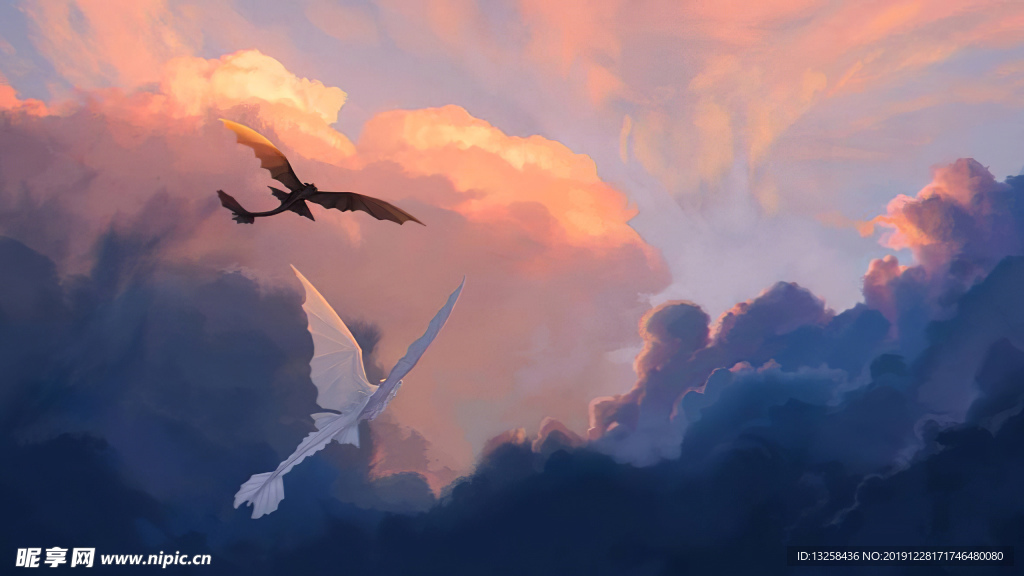 彩色天空云彩风景插画飞龙
