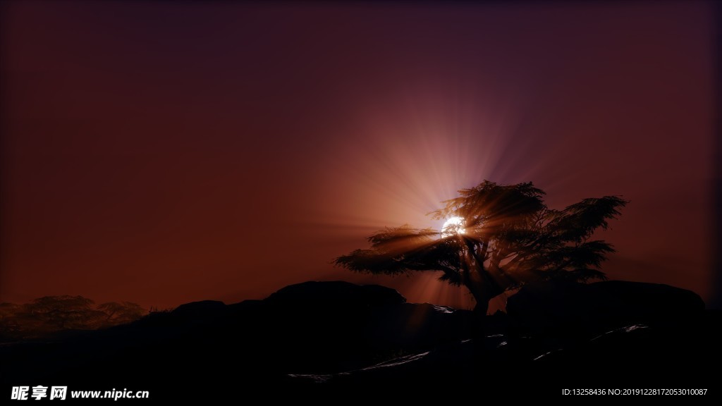 群山夕阳树木风景