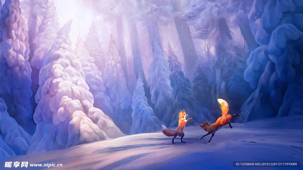 彩色插画狐狸大雪森林