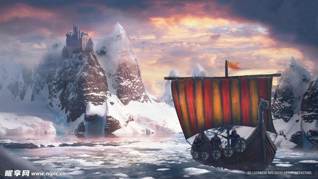 彩色大海插画帆船背景