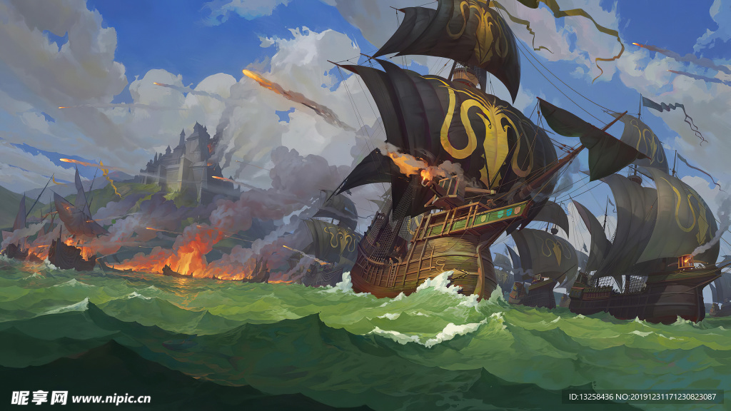 彩色大海插画帆船背景