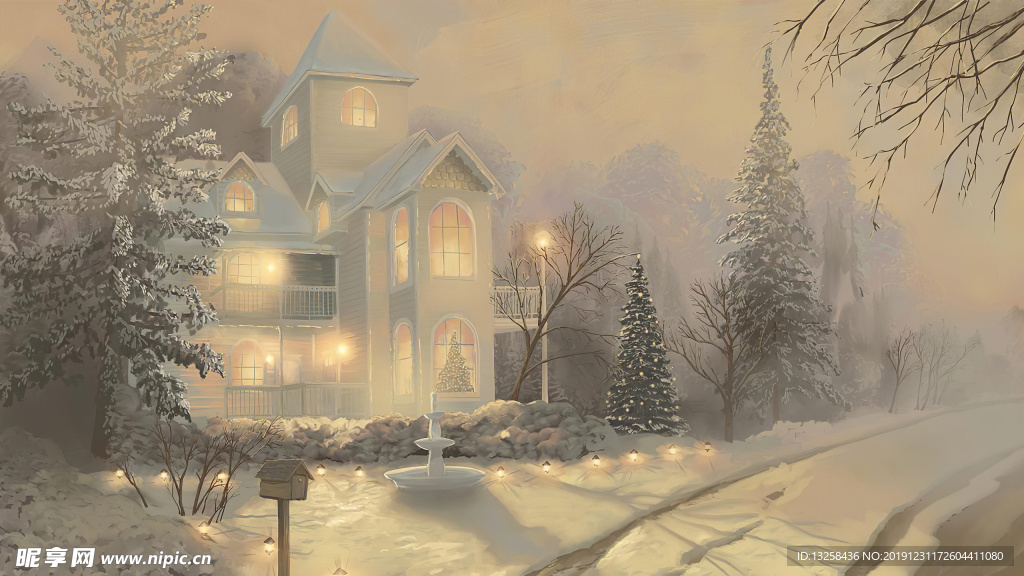 彩色房屋插画大雪背景