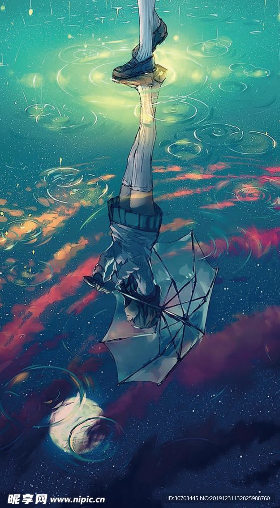 撑着雨伞的女孩倒影