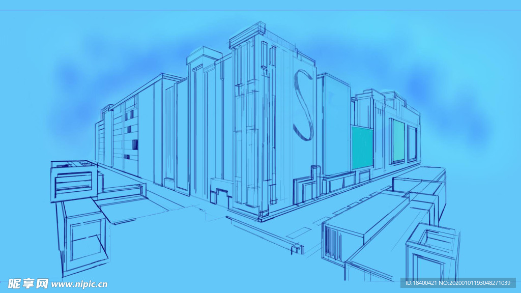 线稿风格插画 单色纯色蓝色建筑
